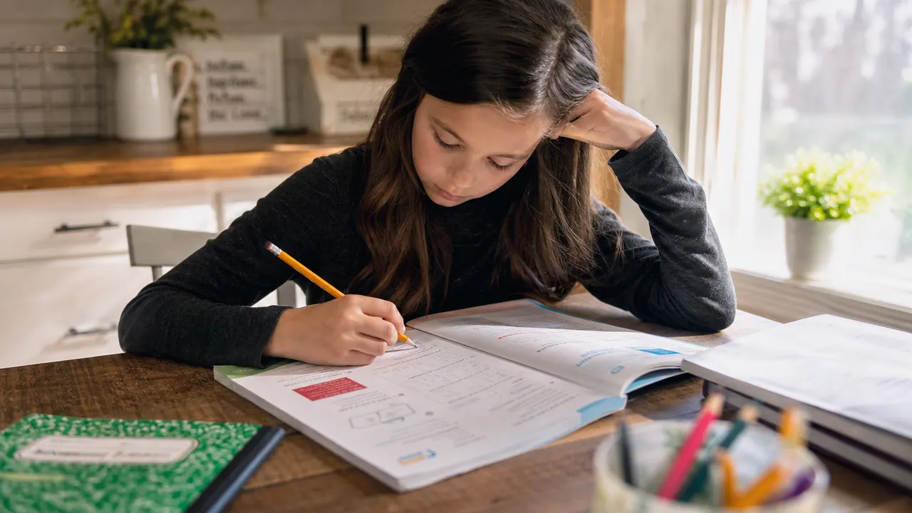 A 5th-grade workbook open on a kitchen table next to a pencil and a cup of tea, morning light coming through a window