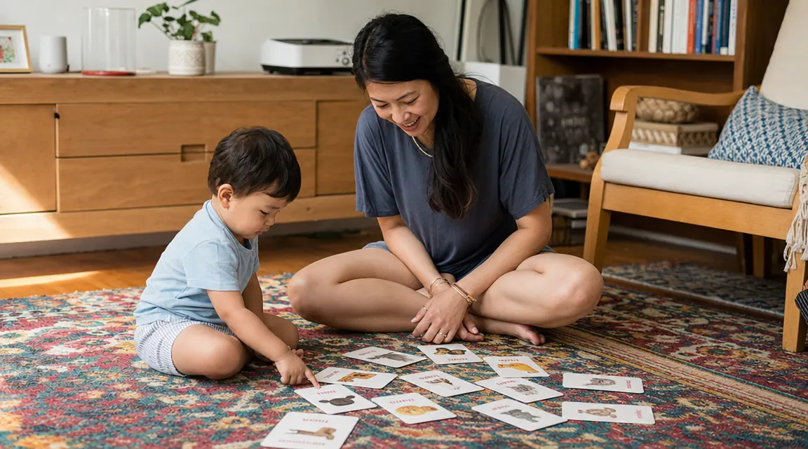Parent and toddler on a living room rug using flash cards together, cards spread between them