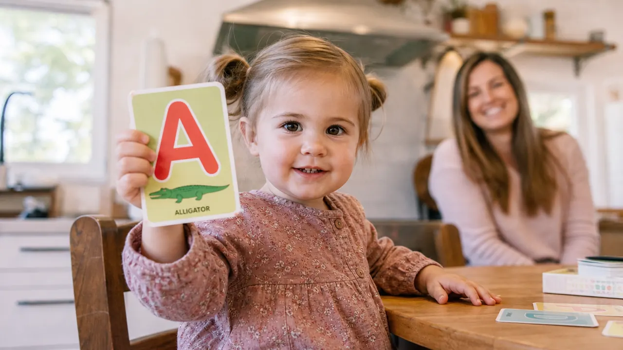 Toddler girl sitting at a kitchen table holding up a bright alphabet flash card while her mom watches and smiles