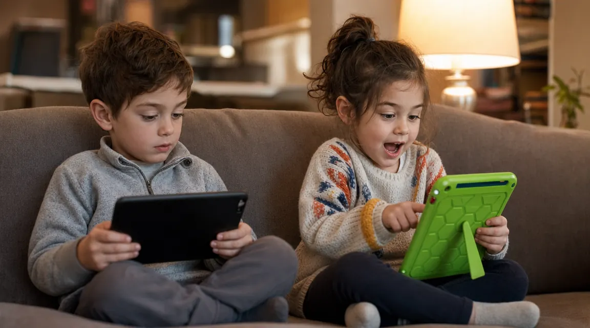 Two children sitting side by side, one with a regular tablet showing YouTube and one with a LeapFrog learning tablet showing a reading game