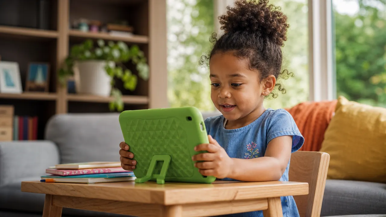 Young child sitting at a small table using a green LeapFrog LeapPad tablet, focused and smiling