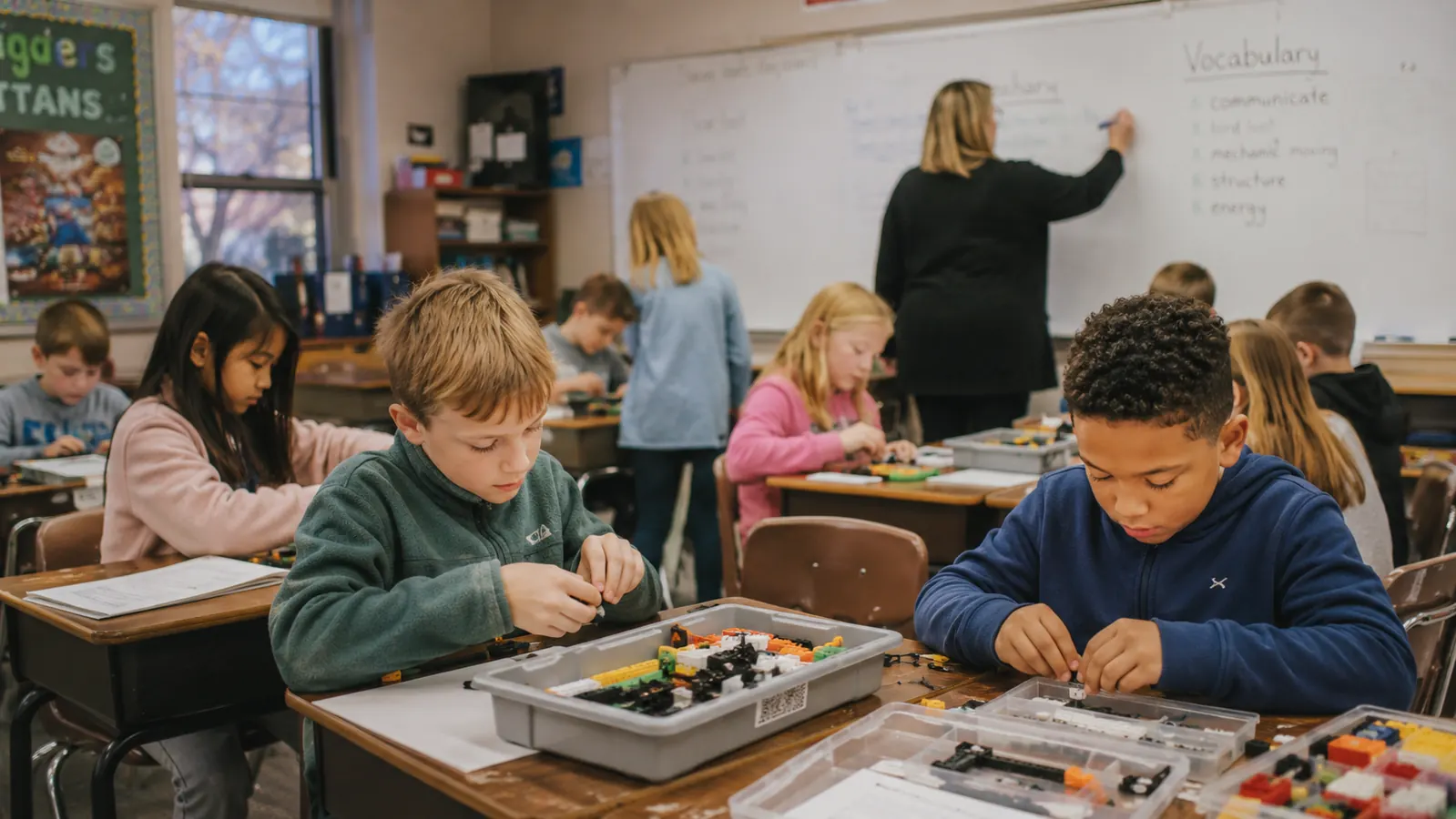 A teacher writing STEM concept words on a classroom whiteboard while students work on building kits at their desks
