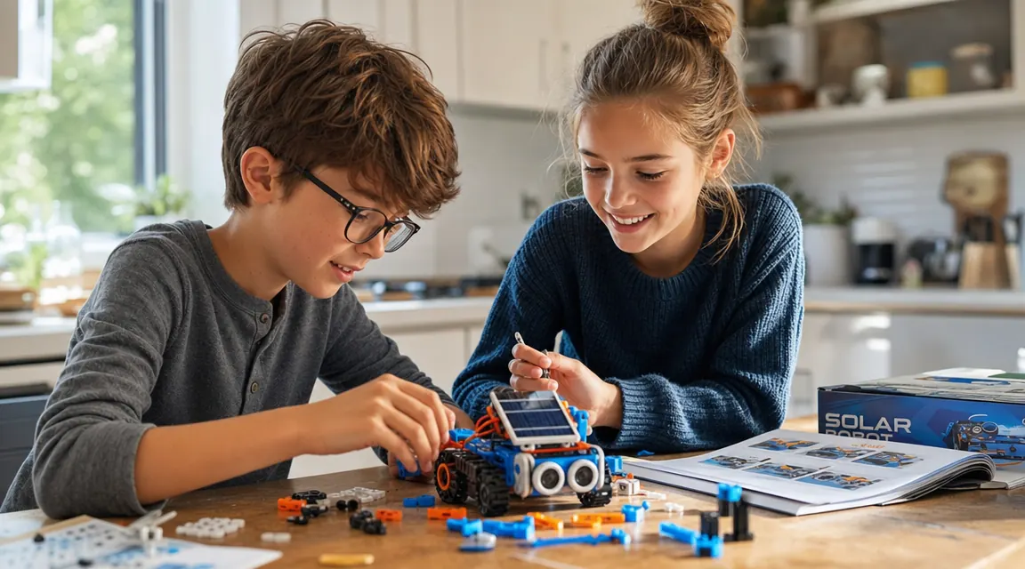 Two kids building a solar robot kit together on a sunny kitchen table, pieces spread out in front of them