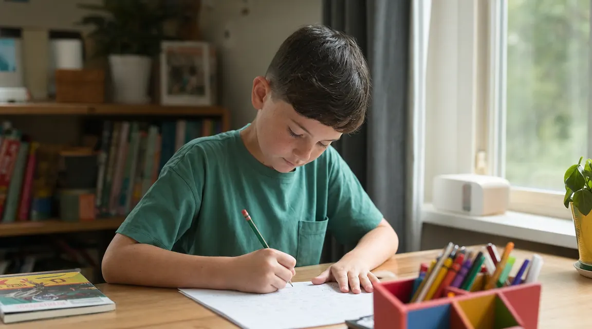 A child sitting at a tidy wooden desk with a colorful wooden organizer holding pencils, crayons, and scissors