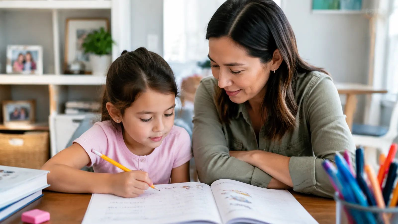 Parent and child sitting together at a desk working through a workbook page