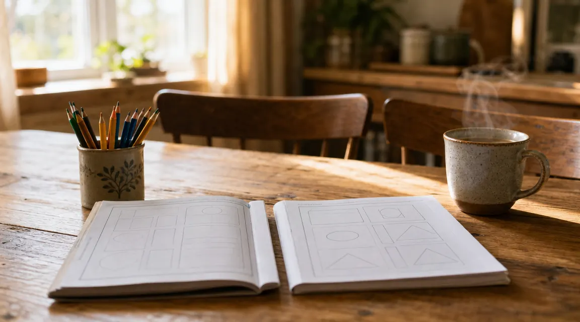 Two open workbooks on a sunlit kitchen table next to a pencil cup and a cup of coffee