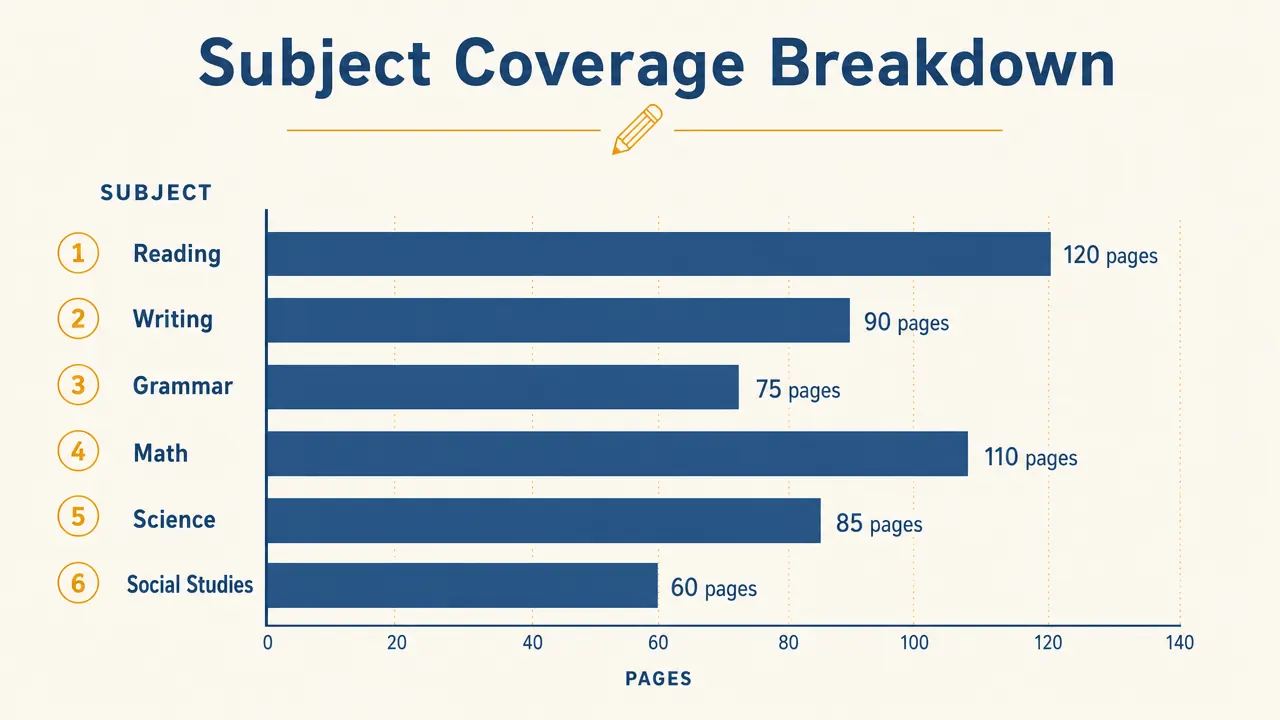 Comparison chart showing subject coverage and page counts across grade-level curriculum workbooks