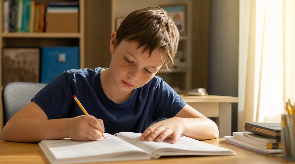A child working independently at a desk with a workbook open, pencil in hand, looking focused and engaged