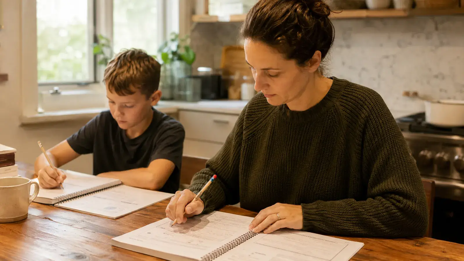 A woman sitting at a kitchen table with a curriculum workbook open in front of her, annotating pages with a pencil while her child works nearby