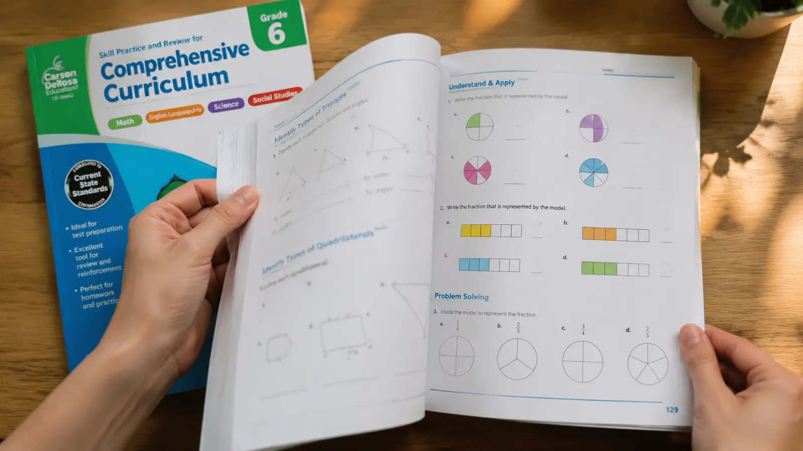 Hand opening the Carson Dellosa 5th Grade Comprehensive Curriculum workbook to a math page with fractions and geometry