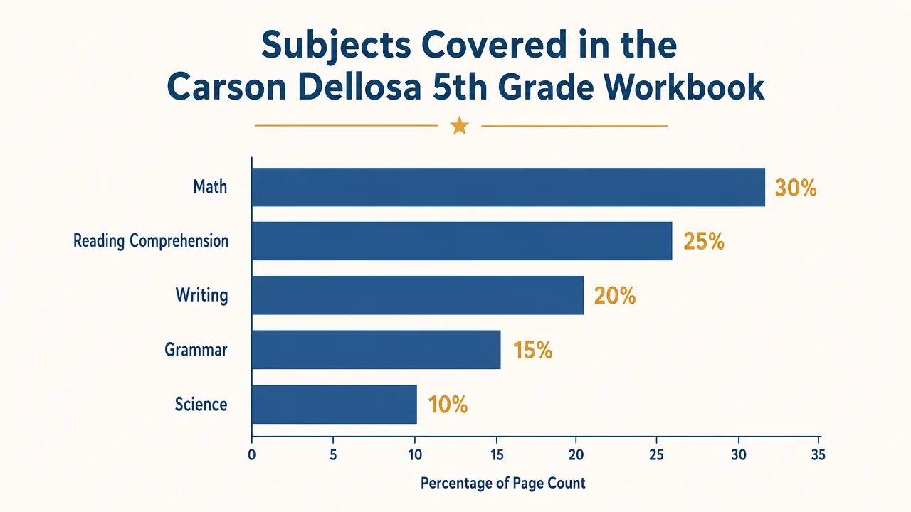 Bar chart showing subjects covered in a 5th grade curriculum workbook including math, reading, writing, grammar, and science