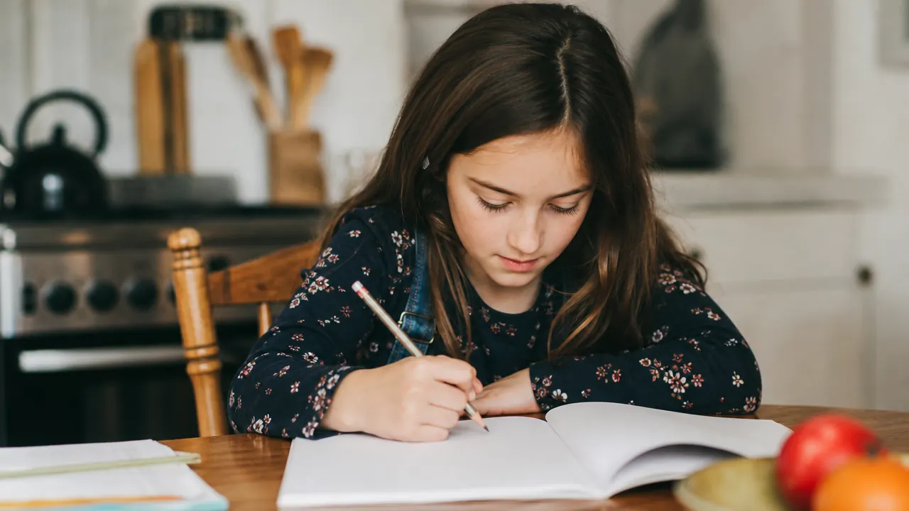 Child writing in a workbook at a wooden kitchen table with a mug of pencils nearby and morning light coming through a window