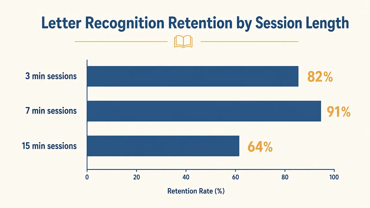 Comparison chart showing how different flash card session lengths affect letter recognition retention in kindergarten-age children