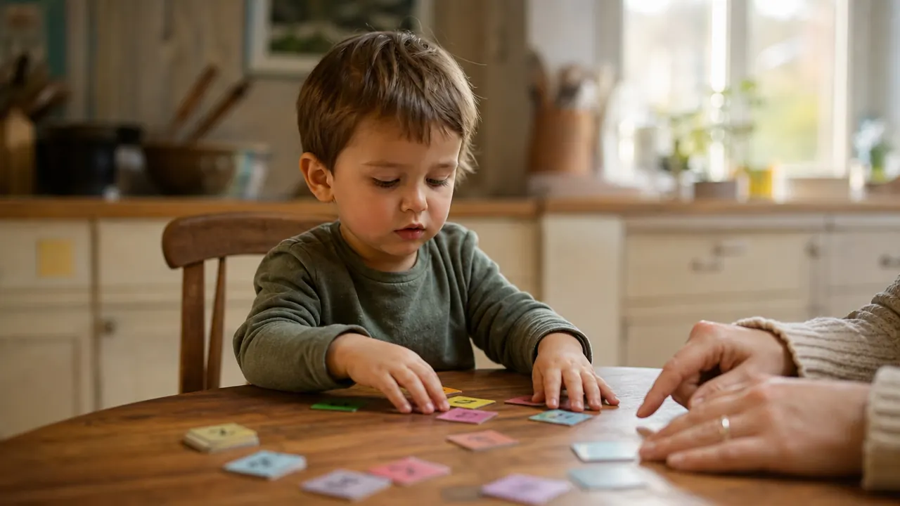 Young child sitting at a kitchen table sorting flash cards into two piles with an adult nearby