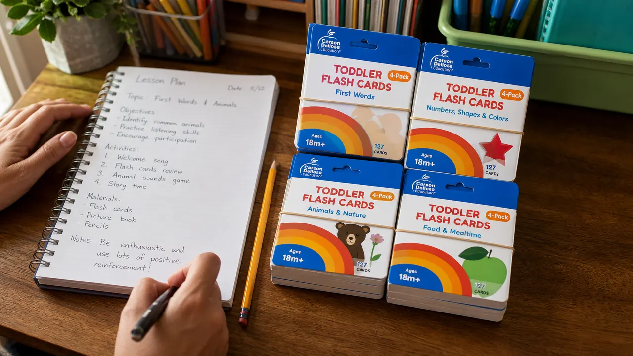 Stack of four Carson Dellosa flash card decks with rubber bands holding each deck together, sitting next to a teacher's lesson plan notebook