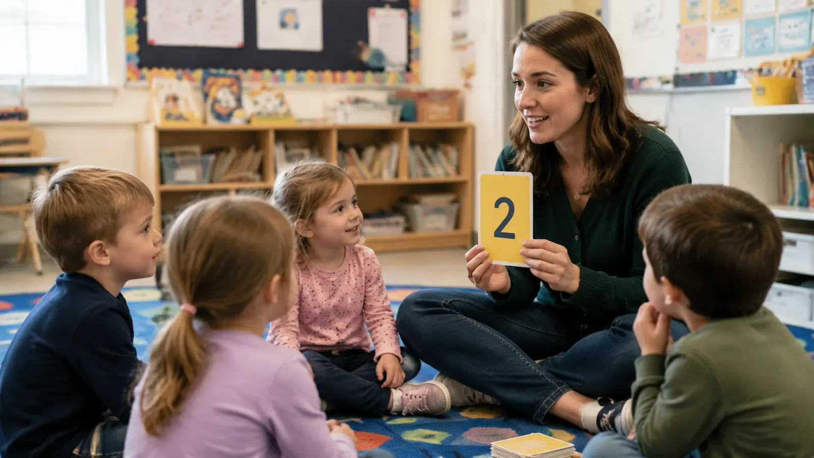 Kindergarten teacher sitting cross-legged on a classroom rug holding up a colorful flash card to a small group of young children gathered around her