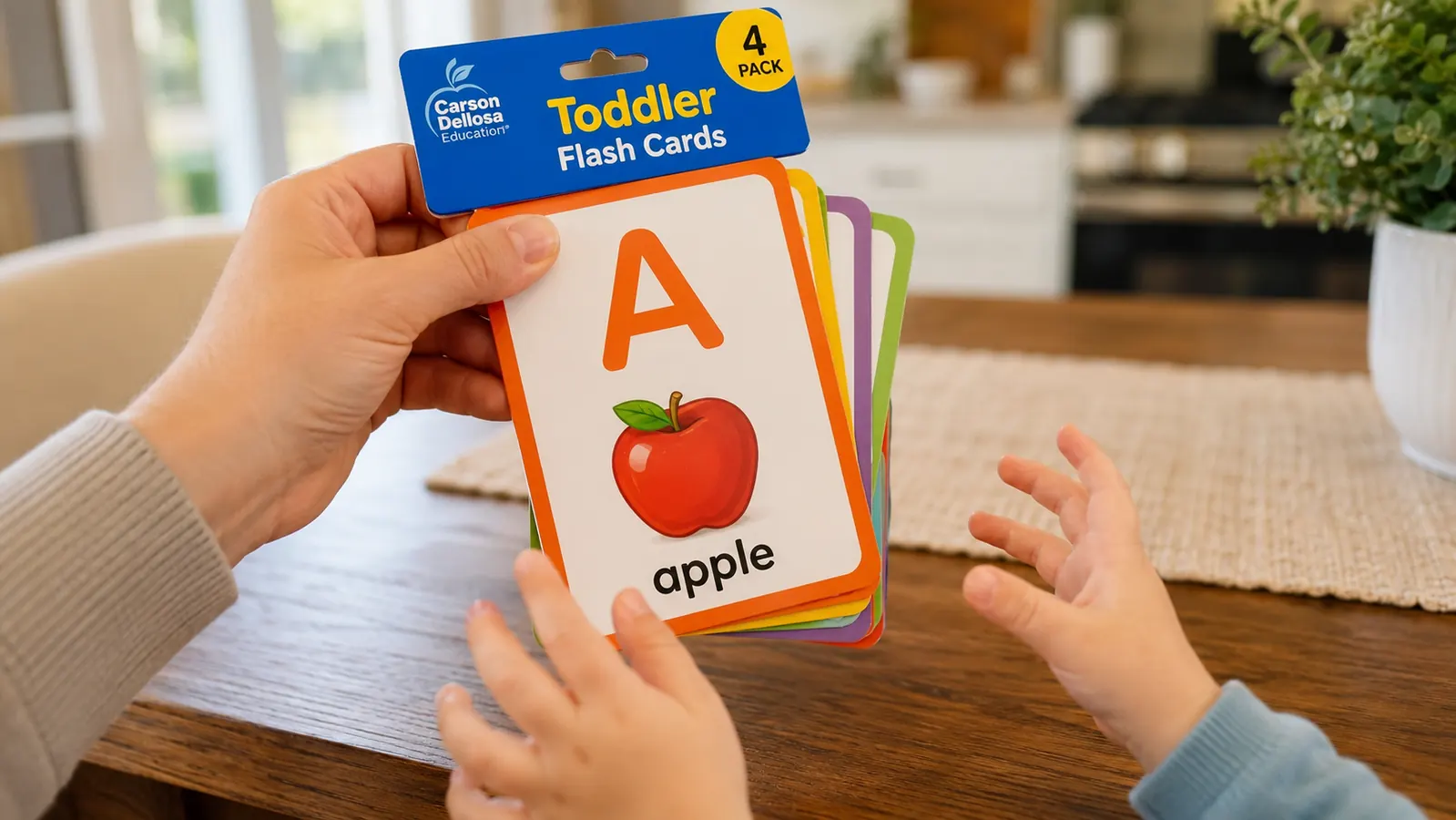 Close-up of Carson Dellosa toddler flash cards held in a parent's hand, showing bright alphabet letter cards with simple illustrations