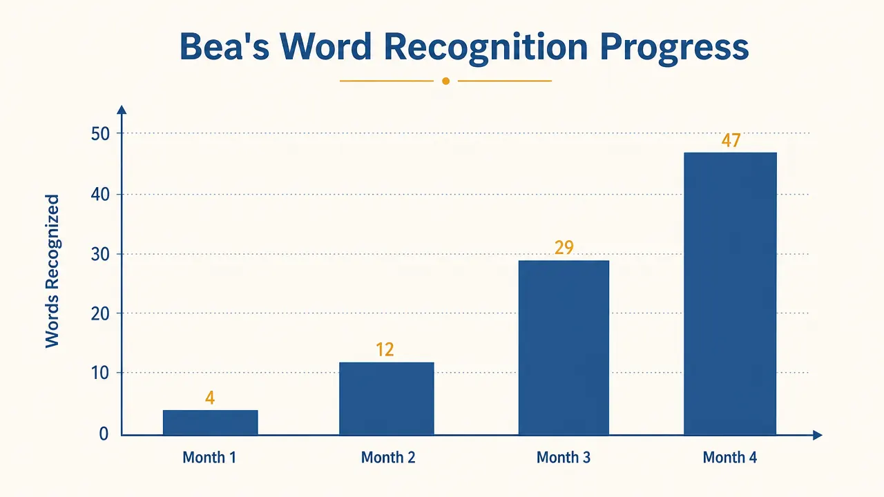 Chart showing vocabulary progress over four months of daily flash card use with a toddler