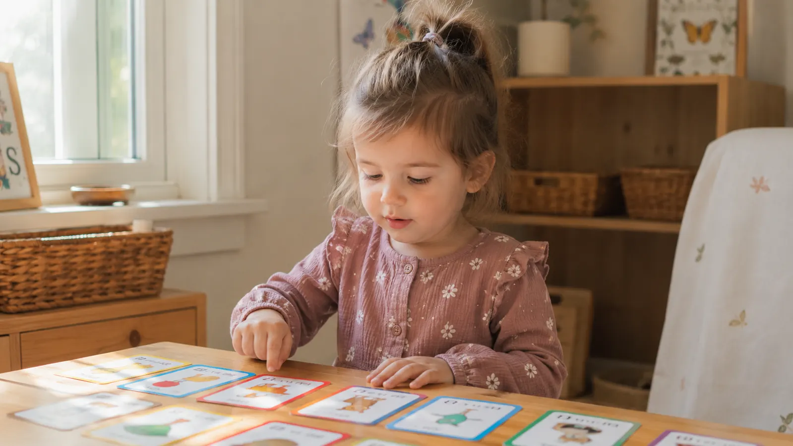 Young toddler sitting at a small wooden table looking at colorful alphabet flash cards spread out in front of her
