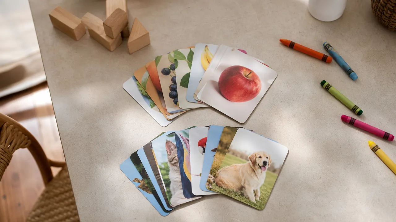 Two sets of toddler flash cards spread out on a kitchen table next to building blocks and crayons