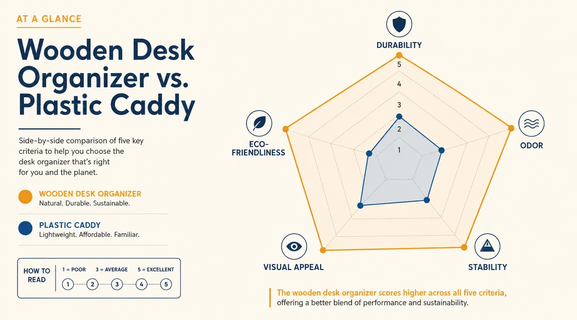 Side-by-side comparison chart of wooden desk organizer versus plastic caddy across five key categories