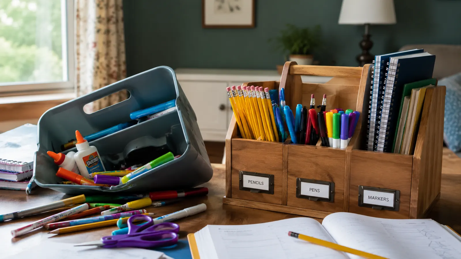 Plastic supply caddy tipped on its side on a desk with markers scattered, contrasted with a stable wooden organizer standing upright