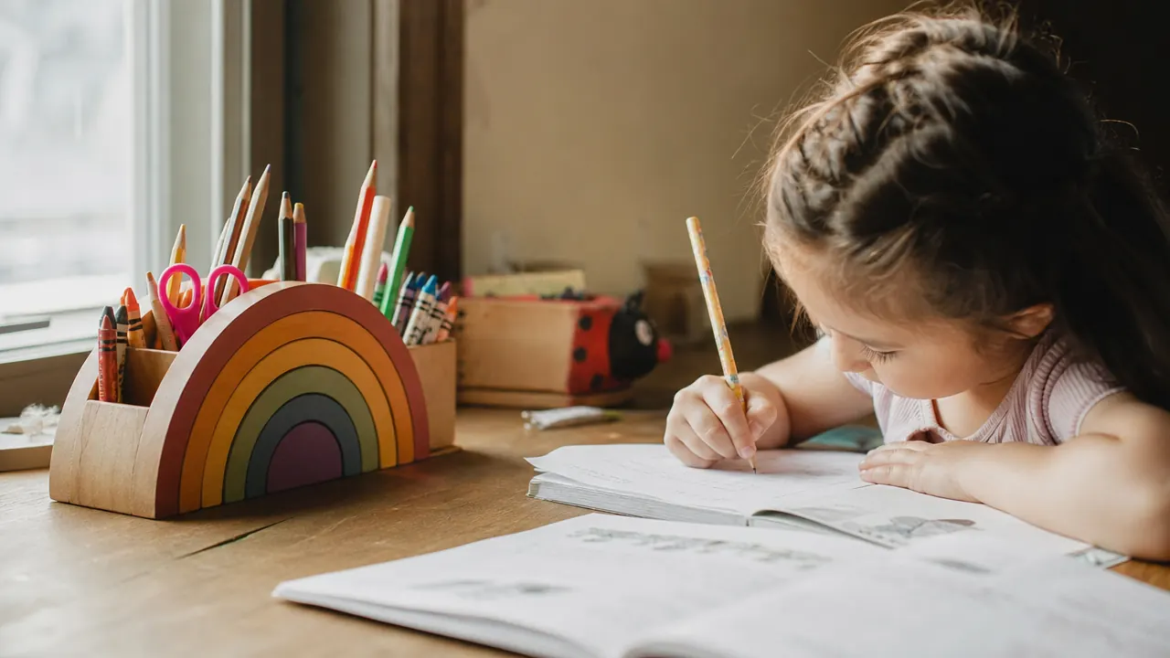 GAMENOTE wooden rainbow desk organizer filled with colored pencils and scissors on a child's homework desk beside a window