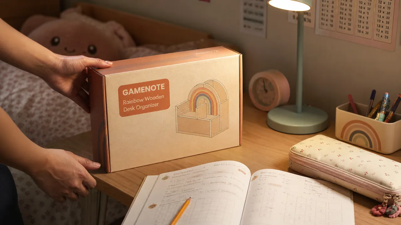 Parent hand placing a GAMENOTE wooden organizer on a child's bedroom desk next to an open workbook