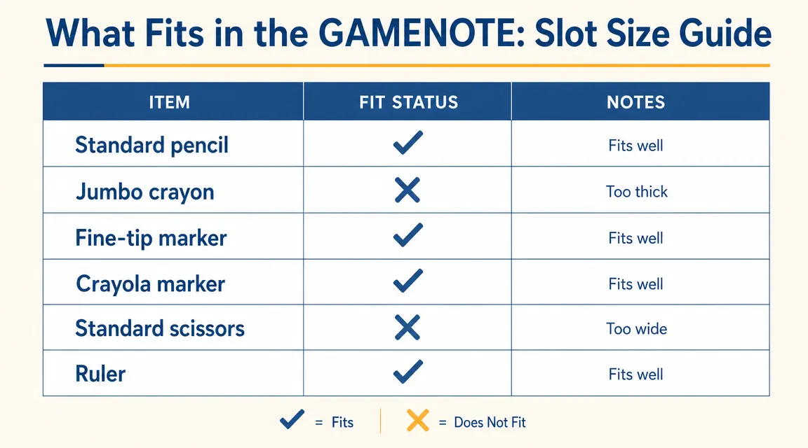 Chart showing slot dimensions and which common supply sizes fit or do not fit in the GAMENOTE organizer