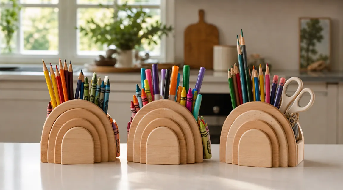 Three GAMENOTE Rainbow Wooden Desk Organizers lined up on a kitchen counter, each filled with different art and school supplies
