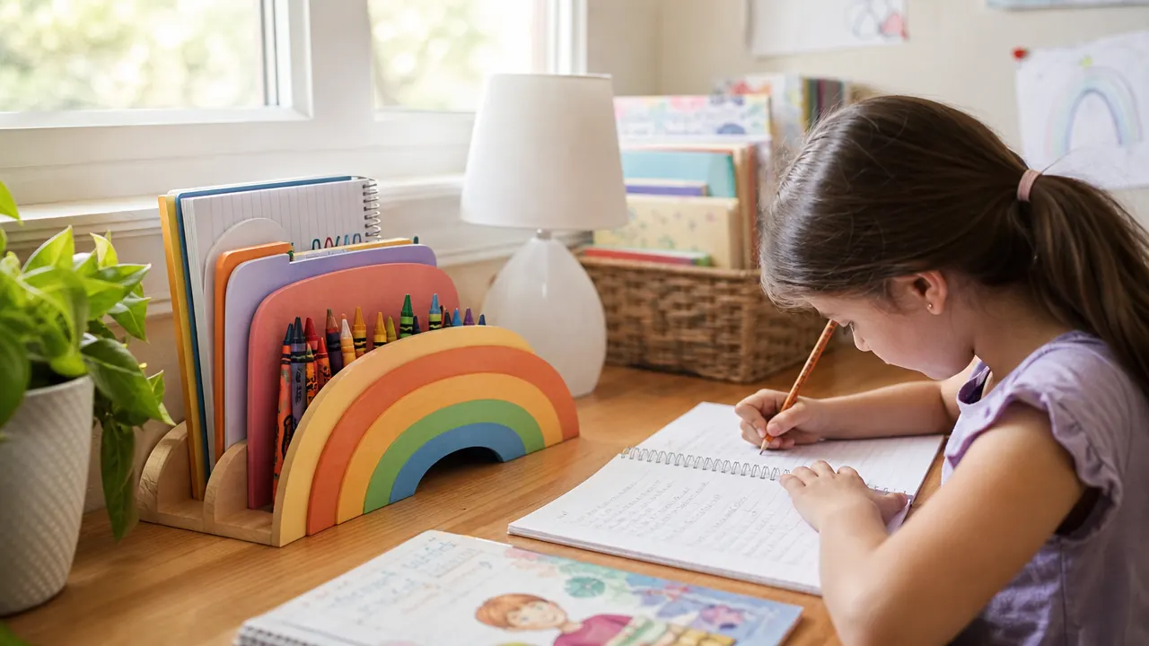 GAMENOTE Rainbow Wooden Desk Organizer sitting on a light wood homework desk with pencils, crayons, and scissors neatly sorted in its compartments