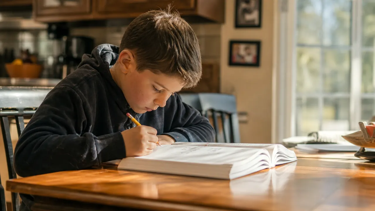 A boy sitting at a kitchen table working in a workbook, pencil in hand, afternoon light coming through a window