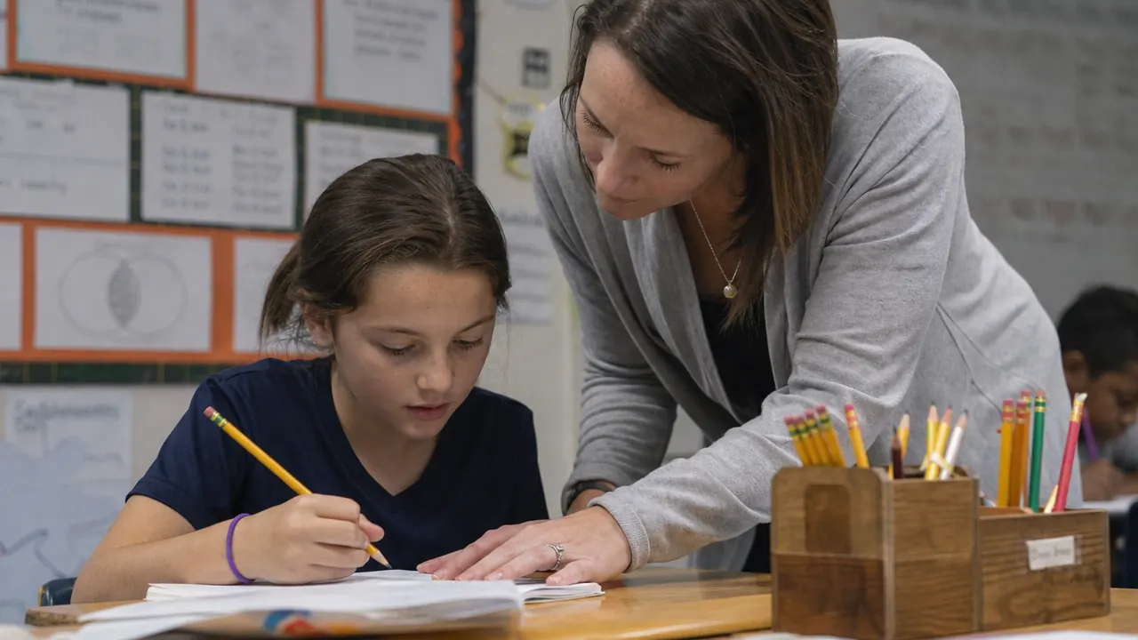 Teacher handing supplies to a student at a tidy desk, wooden organizer visible in the foreground