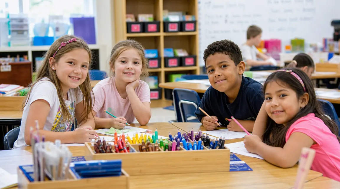 Bright third-grade classroom with rainbow wooden desk organizers at each table group, pencils and crayons neatly sorted, warm morning light through large windows
