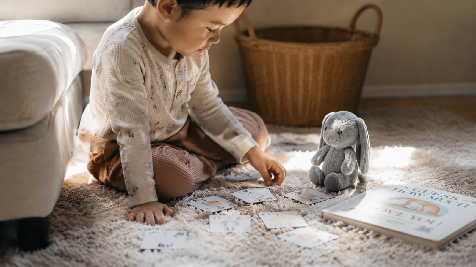 Flash cards spread across a carpet alongside a children's book and stuffed animals, a natural part of toddler play