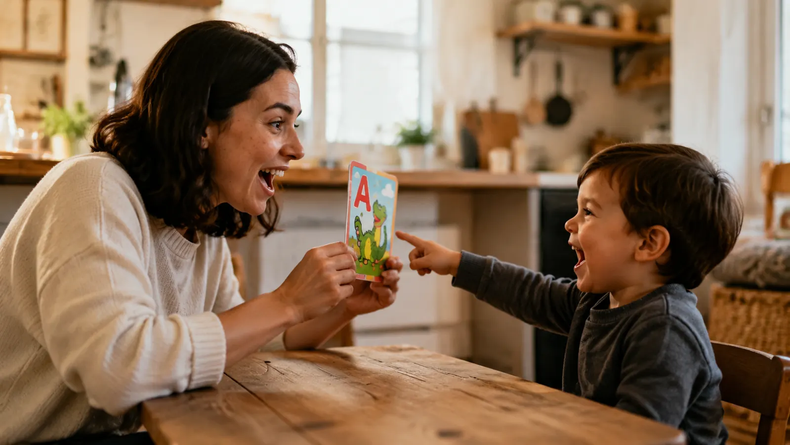Toddler boy sitting at a small wooden table, pointing at a colorful flash card held by his mother, both smiling, warm natural light