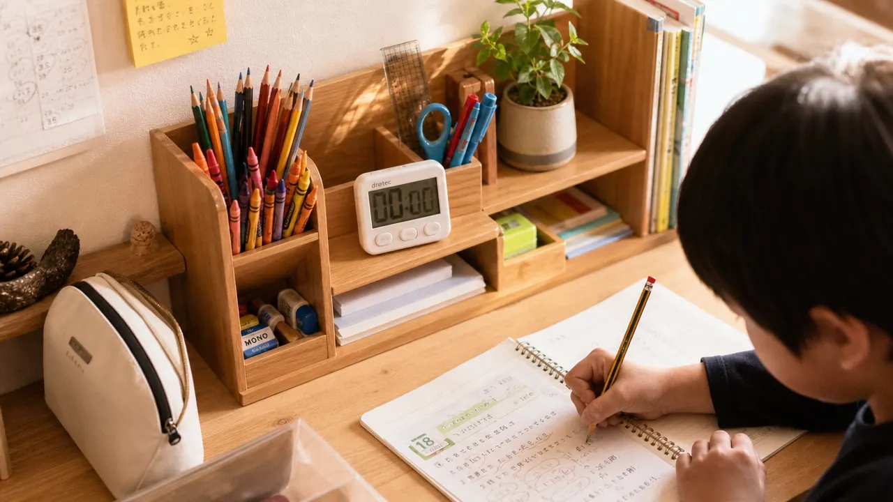 Tidy kids' homework desk with a wooden organizer holding colored pencils, scissors, and markers, warm afternoon light through a window