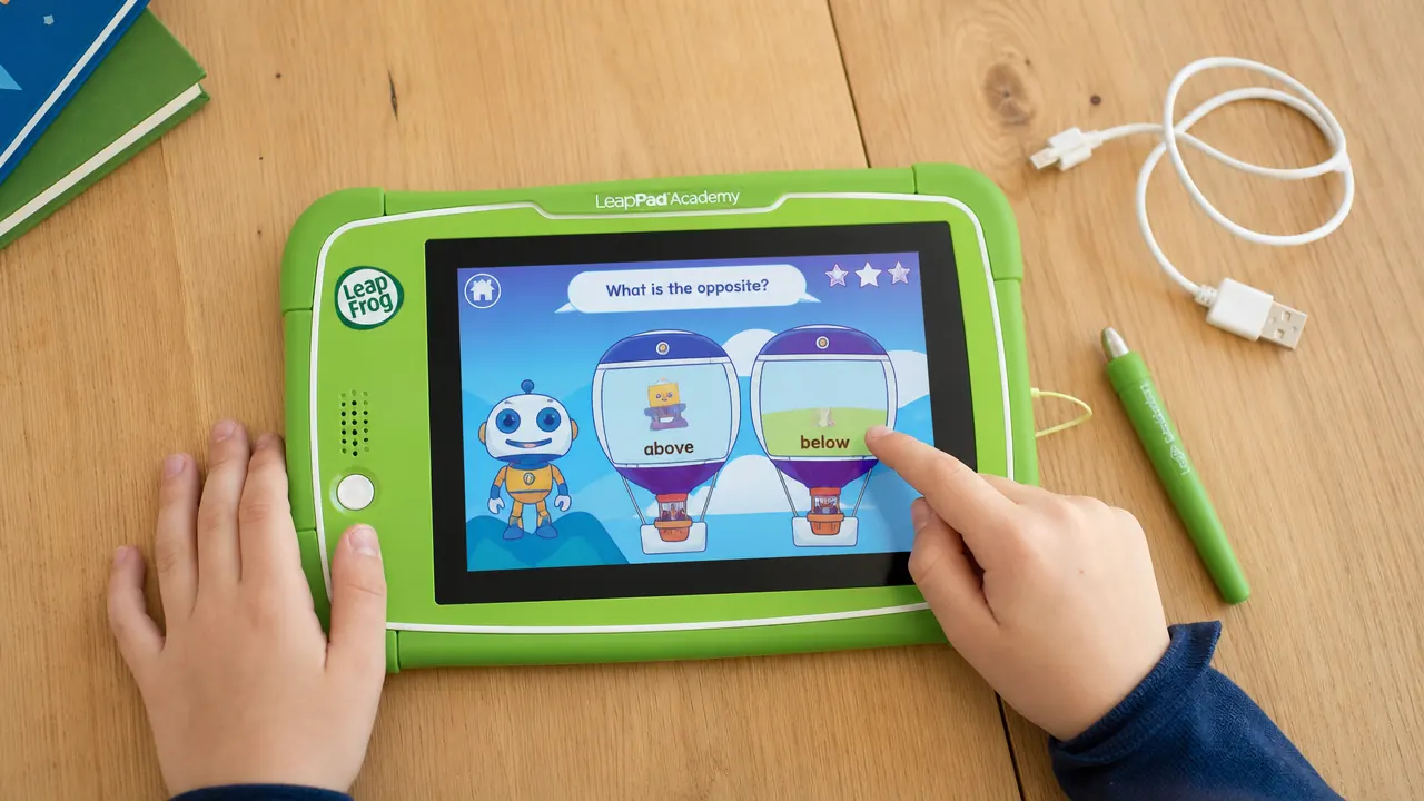 LeapFrog LeapPad Academy tablet shown next to its charger and stylus on a white surface