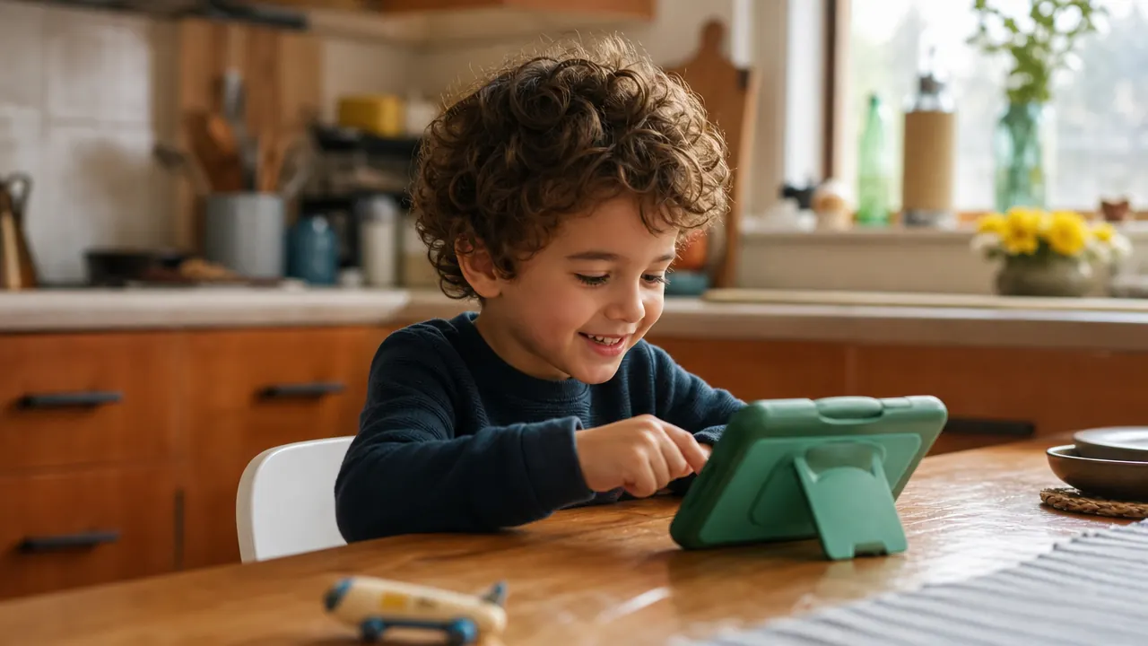 Young child using a green LeapFrog LeapPad tablet at a kitchen table with morning light coming through the window