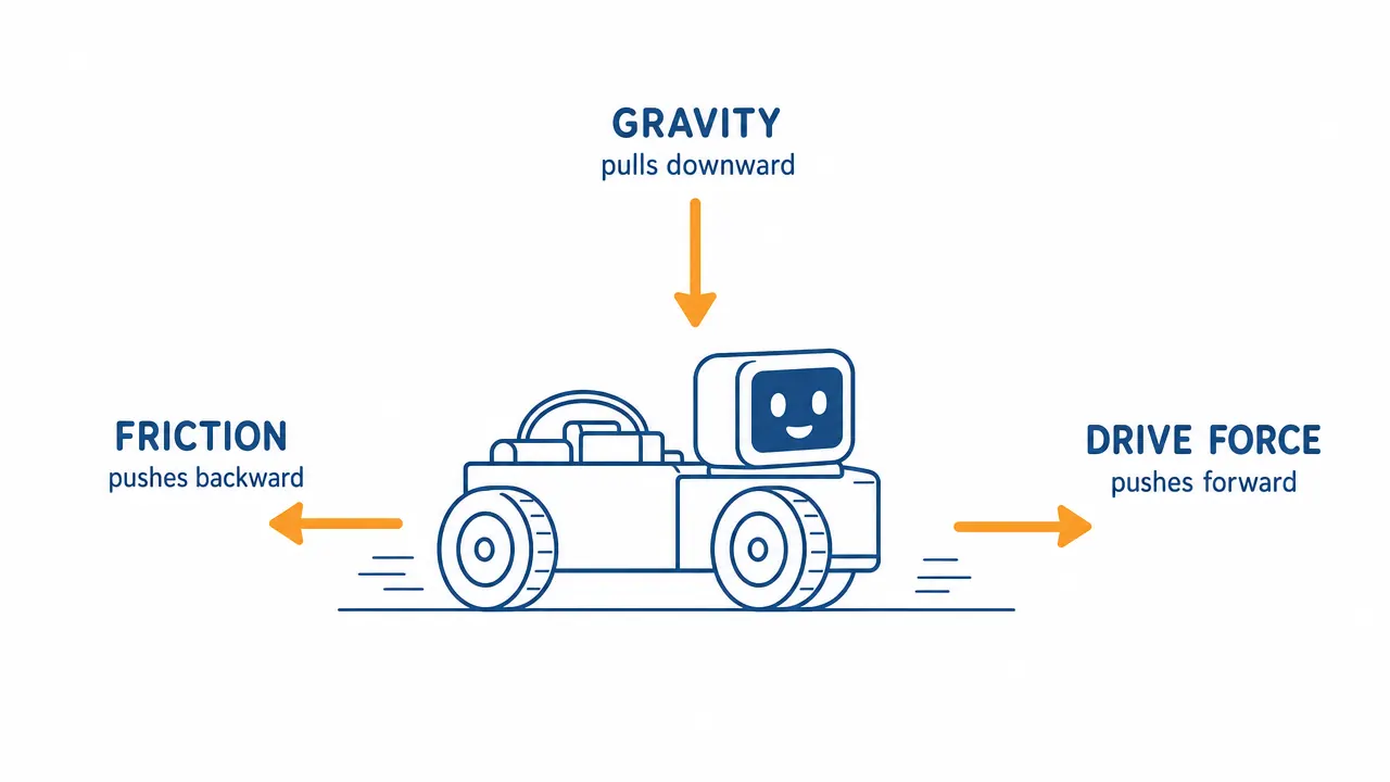 Simple diagram showing the three main forces on a robot: gravity, friction, and drive force, labeled with arrows