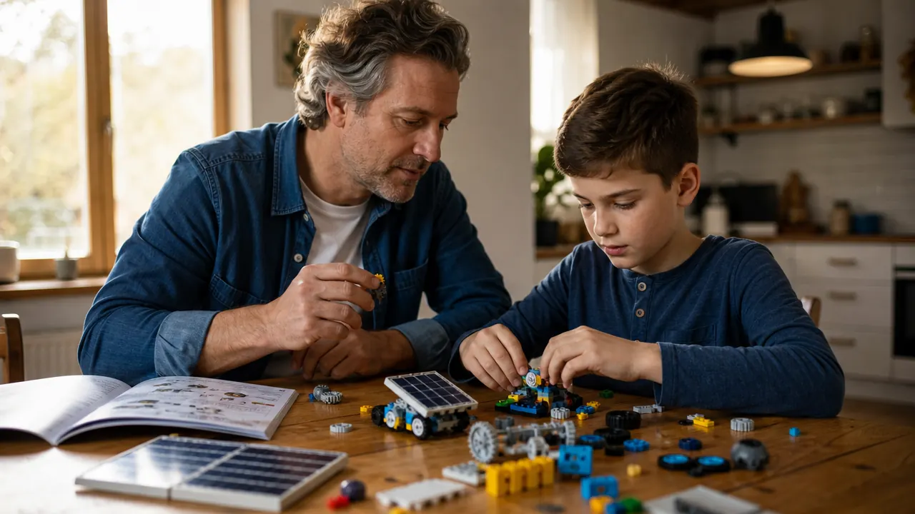 A child and an adult sitting at a kitchen table with solar robot kit pieces spread out between them, afternoon light coming through a window