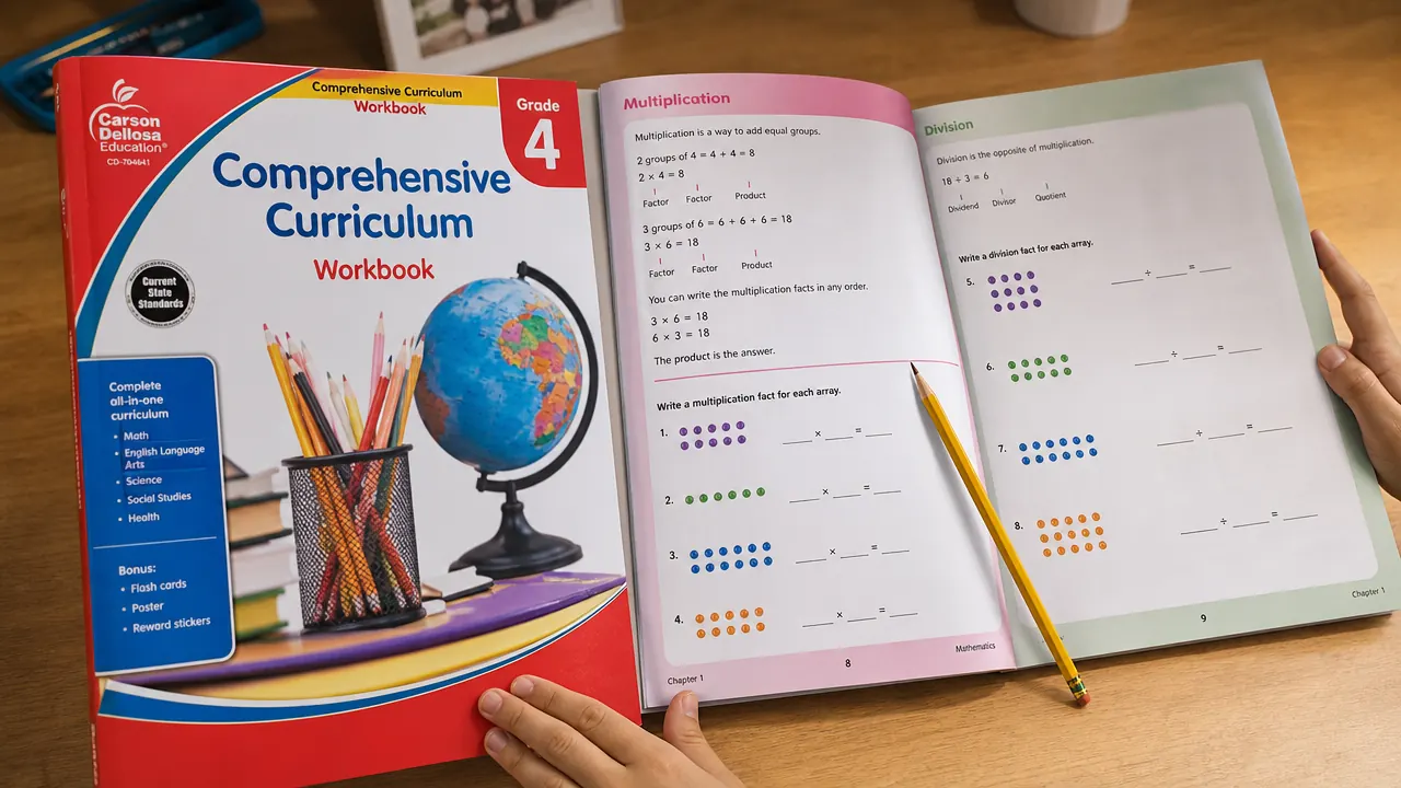 Close-up of the Carson Dellosa Comprehensive Curriculum workbook open to a math page, with a pencil resting on it