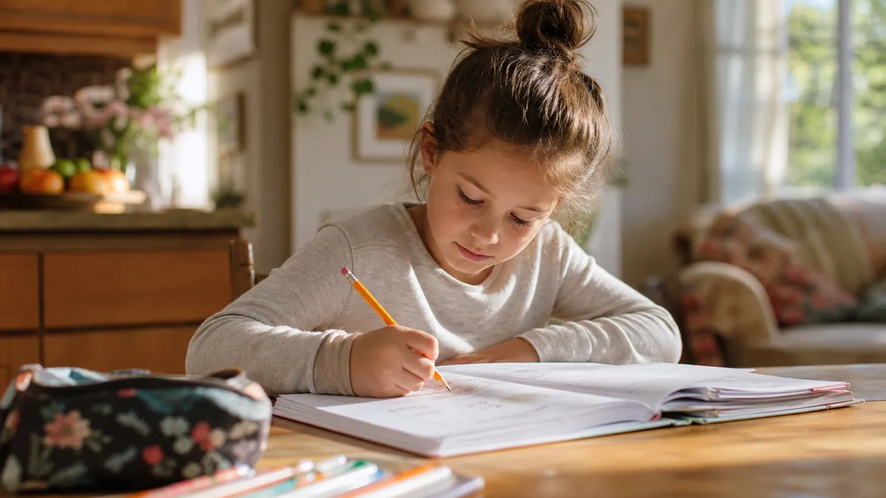 A child sits at a kitchen table working through a curriculum workbook, pencil in hand, with a cup of colored pencils nearby on a warm morning
