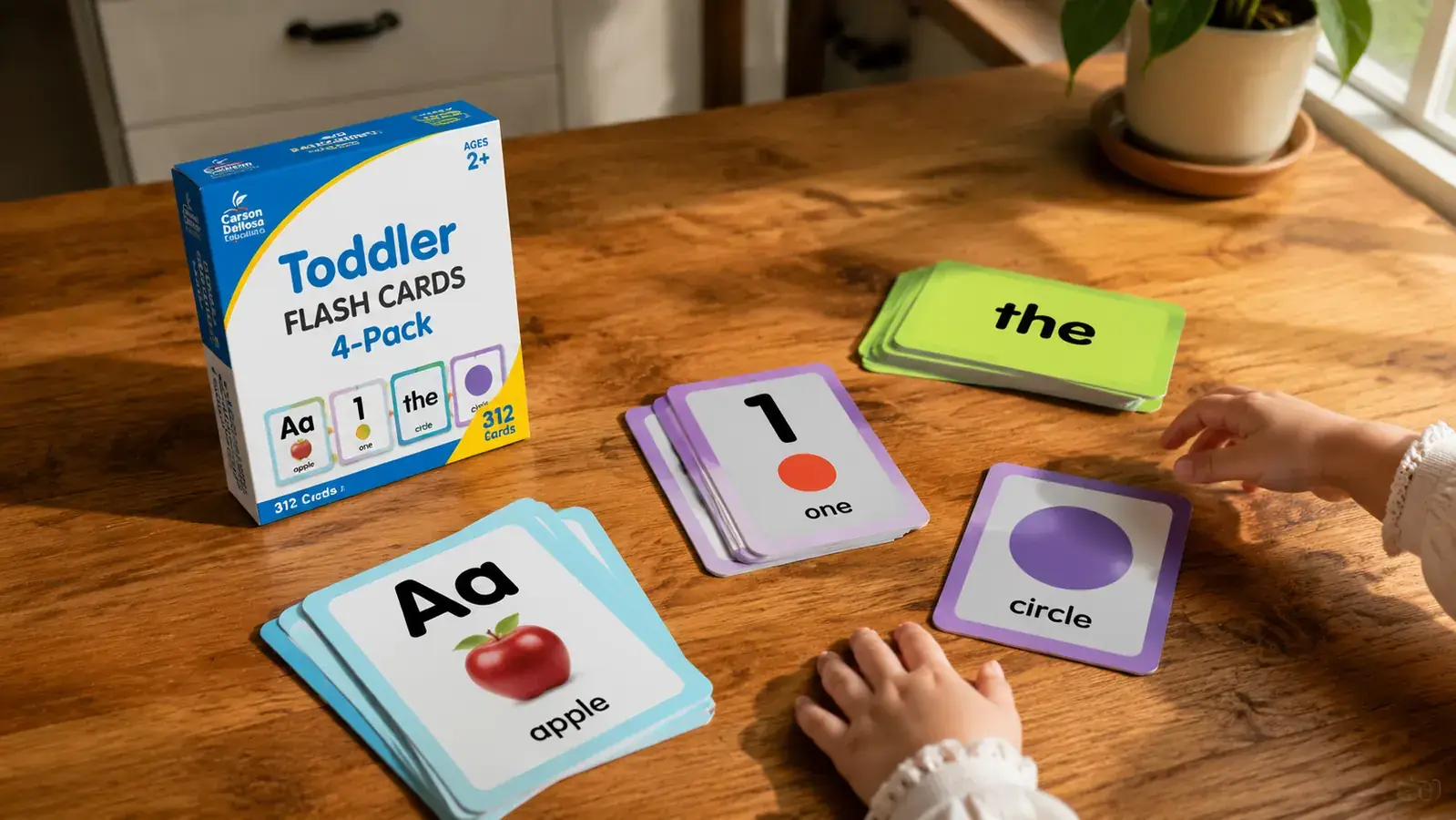 Carson Dellosa toddler flash card 4-pack spread open on a wooden table showing alphabet, numbers, and sight word cards