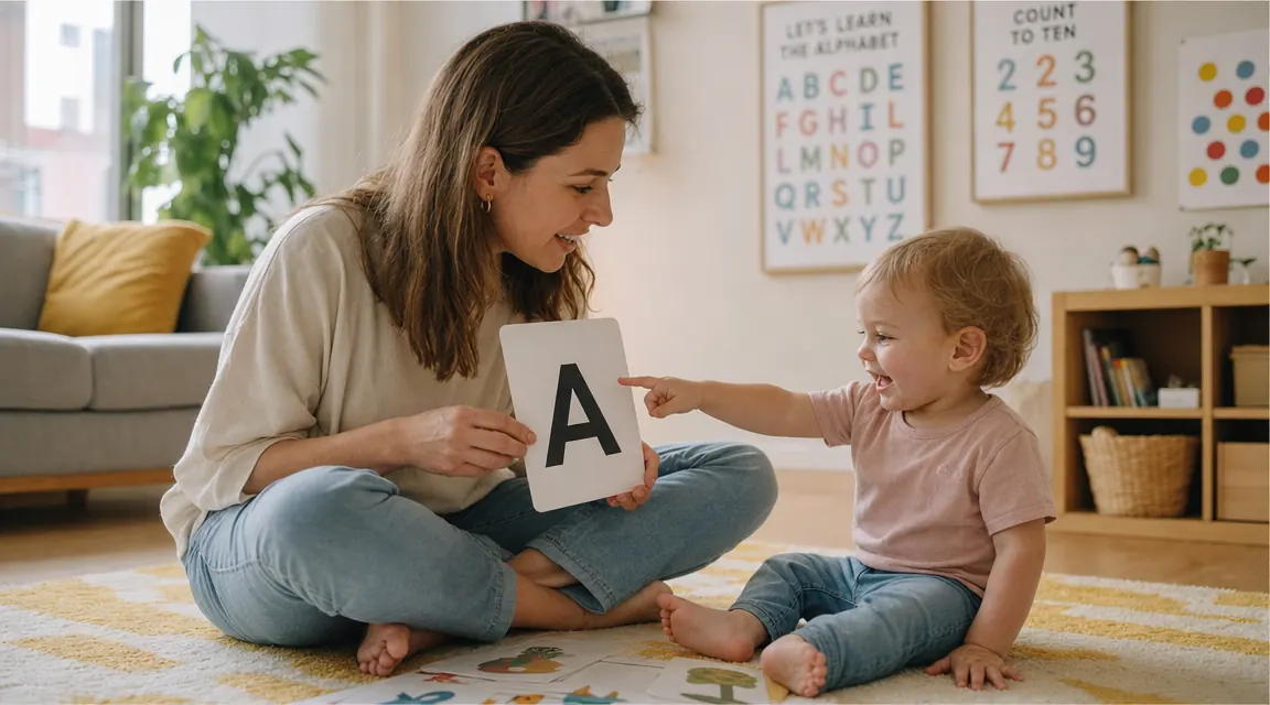 Parent and toddler sitting on a colorful rug together looking at a bright alphabet flash card