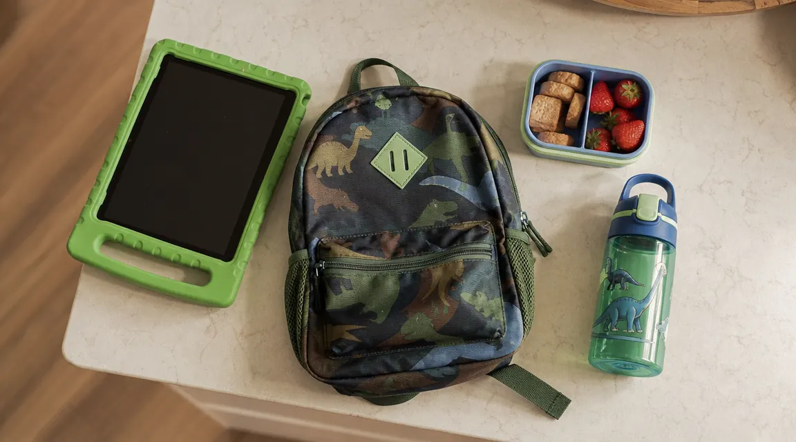 Overhead view of a child's backpack, a LeapPad tablet, a snack container, and a water bottle laid out on a kitchen counter before school
