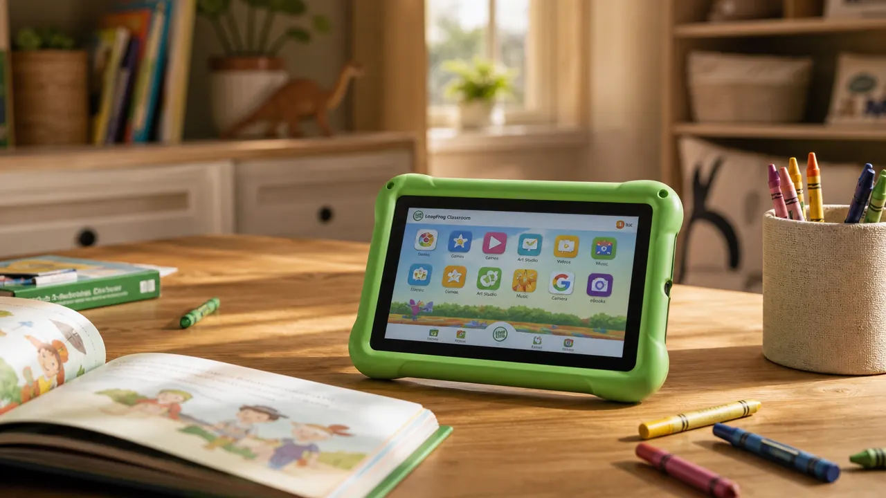 A green LeapFrog LeapPad Academy tablet resting on a wooden classroom table beside crayons and a picture book, warm natural light