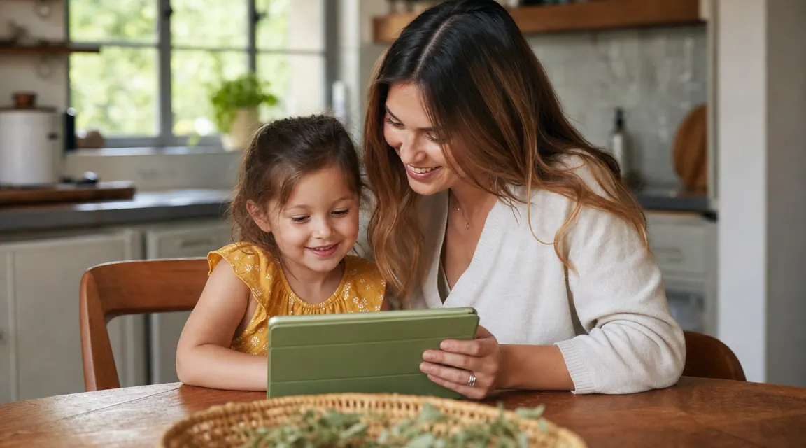 Mother and young daughter sitting together at a kitchen table, looking at a green kids learning tablet and laughing