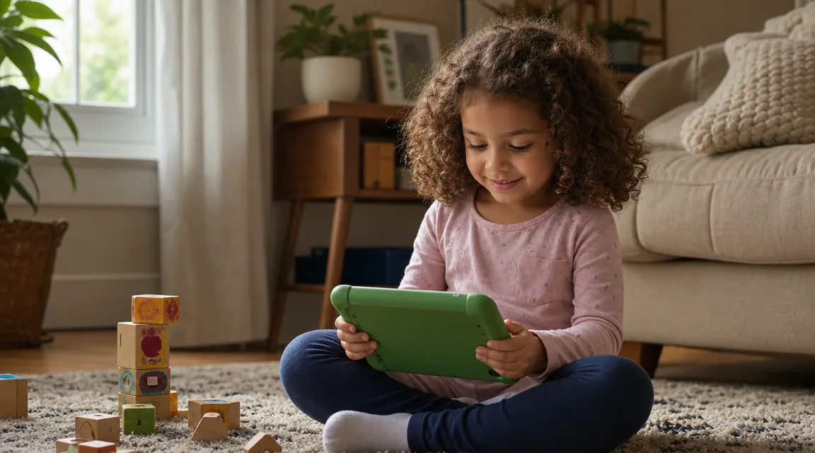 Young girl sitting cross-legged on a rug, holding a green LeapPad-style learning tablet, smiling at the screen in warm morning light