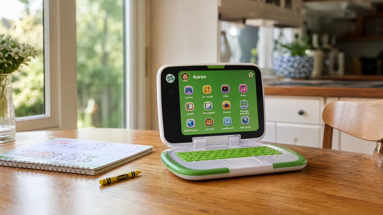 LeapFrog LeapPad Academy tablet on a wooden table next to crayons and a child's notebook